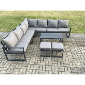 Fimous Aluminium Patio Outdoor Garden Furniture Lounge Corner Sofa Set with Oblong Coffee Table 2 Small Footstools Dark Grey