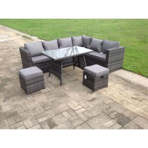 Dark Mixed Grey Rattan Garden Outdoor Corner Sofa Set Rectangular Dining Table Small Footstools 8 Seater - Fimous