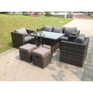 Fimous - Dark Mixed Grey Rattan Garden Outdoor Sofa Set Chairs Rectangular Dining Table 2 Small Footstools 7 Seater