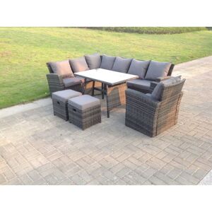 Fimous - 9 Seater Outdoor Furniture Garden Dining Set Rattan Corner Sofa Set with 2 Small Footstools Dark Grey Mixed