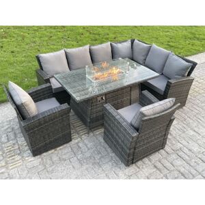 Fimous - High Back Rattan Corne r Sofa Set Garden Furniture Sofa Gas Fire Pit Dining Table Gas Heater With 2 Arm Chair 8 Seater