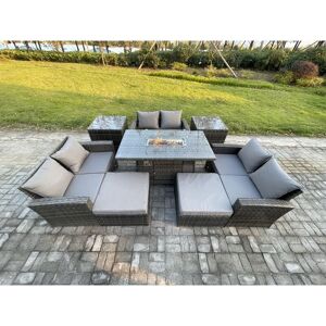 High Back Rattan Garden Furniture Sofa Sets with Outdoor Furniture Gas Firepit Dining Table Set 2 Big Footstool 2 Side Tables Dark Grey Mixed - Fimous