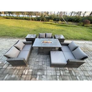 Fimous High Back Rattan Garden Furniture Sofa Sets with Outdoor Furniture Gas Firepit Dining Table Set 2 Side Tables Big Footstool Dark Grey Mixed