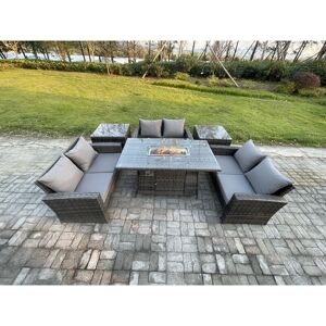 High Back Rattan Garden Furniture Sofa Sets with Outdoor Furniture Gas Firepit Dining Table Set 2 Side Tables Dark Grey Mixed - Fimous