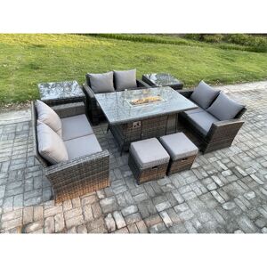 FIMOUS High Back Rattan Garden Furniture Sofa Sets with Outdoor Furniture Gas Firepit Dining Table Set 2 Small Footstool 2 Side Tables Dark Grey Mixed