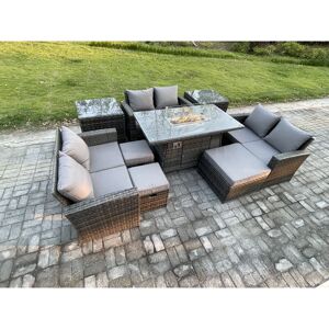 High Back Rattan Garden Furniture Sofa Sets with Outdoor Furniture Gas Firepit Dining Table Set 3 Footstools 2 Side Tables Dark Grey Mixed - Fimous