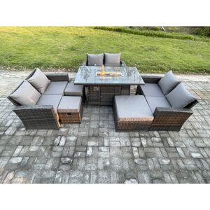 Fimous High Back Rattan Garden Furniture Sofa Sets with Outdoor Furniture Gas Firepit Dining Table Set 3 Footstools Dark Grey Mixed