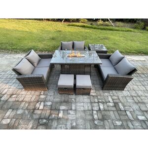 High Back Rattan Garden Furniture Sofa Sets with Outdoor Furniture Gas Firepit Dining Table Set Side Table 2 Small Footstools Dark Grey Mixed - Fimous