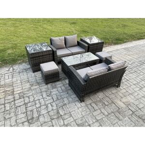 Fimous - High Back Rattan Garden Furniture Sofa Sets with Rectangular Coffee Table 2 Side Tables 2 Small Footstools Dark Grey Mixed