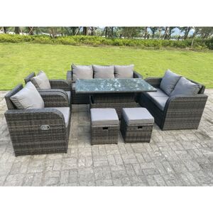 Fimous - High Back Rattan Outdoor Garden Furniture Lifting Adjustable Dining Or Coffee Table Love Sofa 3 Seater Sofa Recling Chairs With Footstool