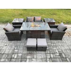 Outdoor Garden Dining Sets 6 Seater Rattan Patio Furniture Sofa Set with Gas Firepit Table 2 Small Footstools 2 Side Tables Dark Grey Mixed - Fimous