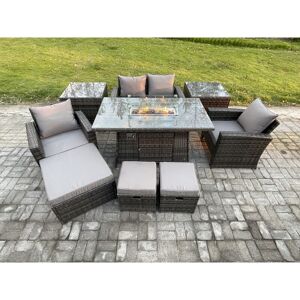 Fimous - Outdoor Garden Dining Sets 7 Seater Rattan Patio Furniture Sofa Set with Gas Firepit Table 3 Footstools 2 Side Tables Dark Grey Mixed