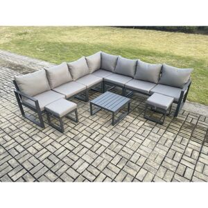 Fimous - Outdoor Garden Furniture Patio Lounge Corner Sofa Aluminium Set with Square Coffee Table 2 Small Footstools Dark Grey