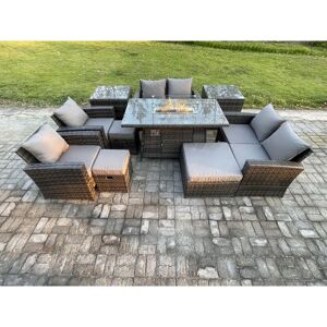 Fimous Outdoor Garden Furniture Sets 10 Pieces Wicker Rattan Furniture Gas Firepit Dining Table Sofa Set with 3 Footstools 2 Side Tables Dark Grey