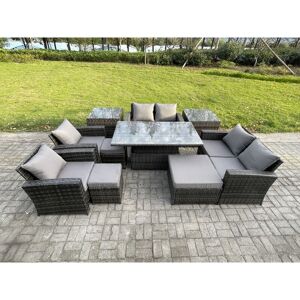 Fimous - Outdoor Garden Furniture Sets 10 Pieces Wicker Rattan Furniture Sofa Dining Table Set with 3 Footstools 2 Side Tables Dark Grey Mixed