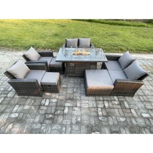 Fimous - Outdoor Garden Furniture Sets 8 Pieces Wicker Rattan Furniture Gas Firepit Dining Table Sofa Set with 3 Footstools Dark Grey Mixed