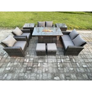 Fimous - Outdoor Garden Furniture Sets 9 Pieces Wicker Rattan Furniture Gas Firepit Dining Table Sofa Set with 2 Small Footstools 2 Side Tables Dark