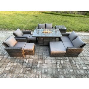 Outdoor Garden Furniture Sets 9 Pieces Wicker Rattan Furniture Gas Firepit Dining Table Sofa Set with 3 Footstools Side Table Dark Grey Mixed - Fimous