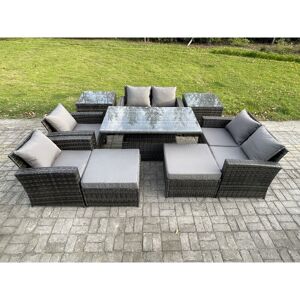 Fimous - Outdoor Garden Furniture Sets 9 Pieces Wicker Rattan Furniture Sofa Dining Table Set with 2 Big Footstool 2 Side Tables Dark Grey Mixed