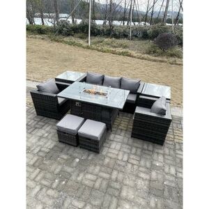Fimous - Outdoor pe Rattan Garden Furniture Gas Fire Pit Dining Table Armchairs With 2 Side Coffee Table Stools Dark Grey Mixed
