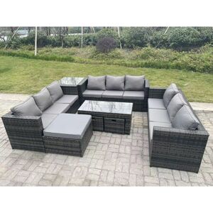 Outdoor Rattan Garden Furniture Lounge Sofa Set With Oblong Rectagular Coffee Table Big Footstool and 2 Small Stools Side Table - Fimous