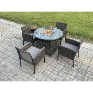 Fimous - Outdoor Rattan Garden Furniture Set Gas Fire Pit Round Table Sets Gas Heater with 4 Seater Dining Cahirs Dark Grey Mixed