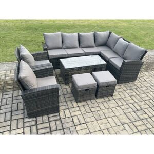 Fimous - Rattan Corner Sofa Garden Furniture Set with 2 Small Footstools Rectangular Coffee Table 2 Armchairs with Cushion Dark Grey Mixed