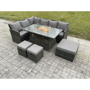 Fimous Rattan Garden Furniture High Back Corner Sofa Gas Fire Pit Dining Table Sets Gas Heater with 3 Footstools 9 Seater Dark Grey Mixed