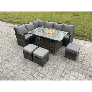 Fimous - Rattan Garden Furniture High Back Corner Sofa Gas Fire Pit Dining Table Sets Gas Heater with 3 Small Footstools 9 Seater Dark Grey Mixed