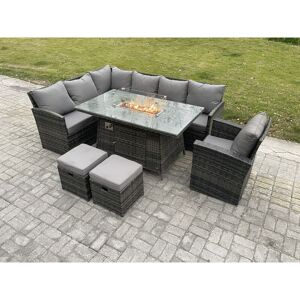 Fimous - Rattan Garden Furniture High Back Corner Sofa Gas Fire Pit Dining Table Sets Gas Heater with Armchair 2 Small Footstools 9 Seater Dark Grey