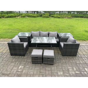 Fimous - Rattan Outdoor Furniture Sofa Garden Dining Set with Dining Table 2 Armchairs 2 Side Tables Small Stools Dark Grey Mixed