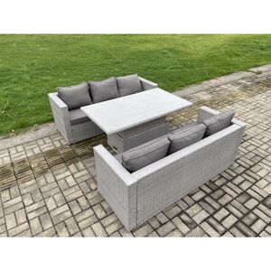 Rattan Outdoor Garden Funiture Set Height Adjustable Rising Lifting Table Sofa Dining Set with Light Grey - Fimous