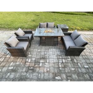 FIMOUS Wicker pe Rattan Garden Furniture Sets 6 Seater Patio Outdoor Gas Firepit Dining Table Heater Set with Double Seat Sofa Side Table Dark Grey Mixed