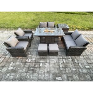 FIMOUS Wicker pe Rattan Garden Furniture Sets 8 Seater Patio Outdoor Gas Firepit Dining Table Heater Set with Double Seat Sofa Side Table 2 Small Footstools