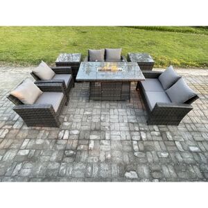 Wicker pe Rattan Garden Furniture Sets Patio Outdoor Gas Firepit Dining Table Heater Set with Double Seat Sofa 2 Side Tables Dark Grey Mixed - Fimous