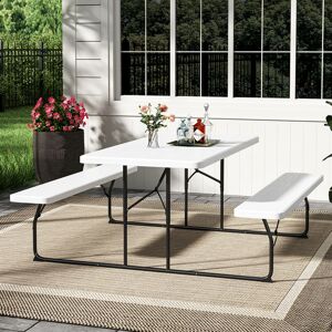 WARMIEHOMY Foldable Picnic Table and Bench Set with Parasol Hole,White