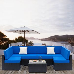 Famiholld - Fully Equipped Weaving Garden Furniture Rattan Sofa Set with 2pcs Corner Sofas & 4pcs Single Sofas & 1 pcs Coffee Table Black Embossed