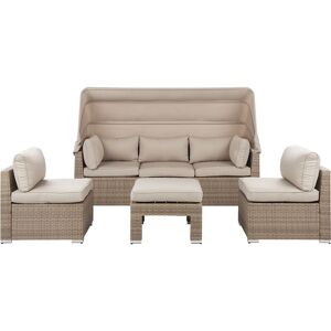 Beliani - Garden Lounge Set pe Rattan Sofa Chairs Cushions Canopy 5-Seater Beige Coccolia - Beige