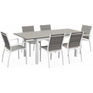 Sweeek - 6-seater garden dining set, extendable 150-210cm aluminium table, 4 chairs and 2 armchairs - Chicago 6 - White frame, Beige-Brown textilene