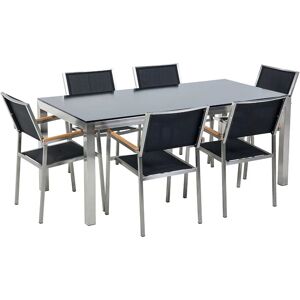 BELIANI 6 Seater Garden Dining Set Black Glass Top Black Chairs Grosseto - Black