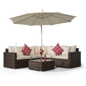 Modern Furniture Direct - Giardino Havana 5 Seat Brown Rattan Corner Sofa Set + Coffee Table + 3m Parasol + Outdoor Furniture Covers   7 piece l