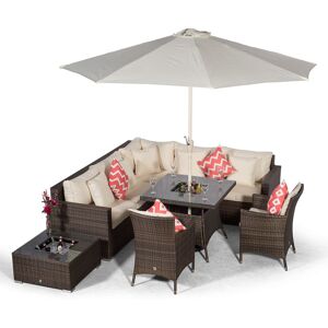 MODERN FURNITURE DIRECT Giardino Havana 7 Seat Brown Rattan Corner Sofa Dining Set w/Drinks Coolers   w/ 90x90cm Rattan Dining Table, 2 Rattan Dining Chairs, Ice Bucket