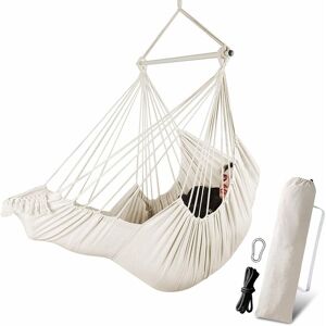 DENUOTOP Hanging Seats Hammock Hanging Chair 2 Pillows Included,Durable Soft Cotton Hanging Spreader Bar Weave Side Pocket Bobble Chair Set Footrest