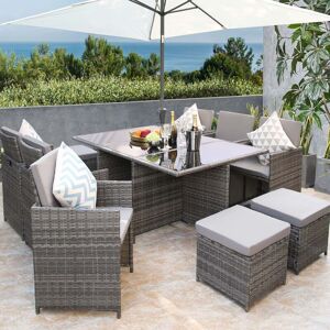 RAYGAR Hestia 11 Piece 10 Seater Rattan Dining Garden Cube Set w/ Parasol Hole - Grey/Grey