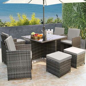 RAYGAR Hestia 9 Piece 8 Seater Rattan Dining Garden Cube Set w/ Parasol Hole - Grey/Grey