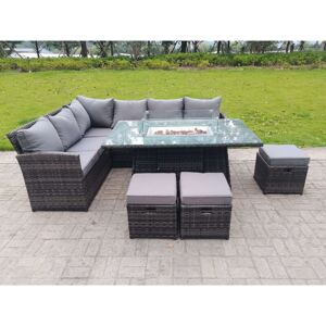 Fimous High Back Corner Rattan Garden Furniture Sofa Gas Fire Pit Dining Table Sets Gas Heater 9 Seater 3 Small Footstools