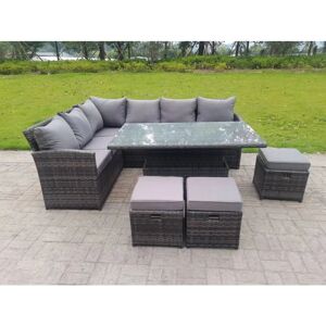 Fimous - High Back Corner Rattan Garden Furniture Sofa Rising Dining Table Height Adjustable 9 Seater 3 Small Foot Stools