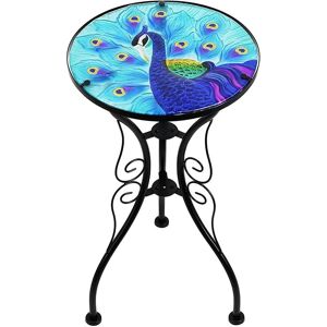 GEEZY Iron / Glass Round Mosaic Design Side Table Garden Outdoor Patio Flower Plant Stand (Blue Peacock) - multicolour