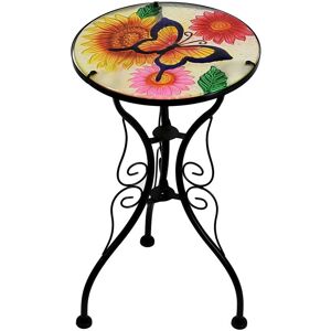 GEEZY Iron / Glass Round Mosaic Design Side Table Garden Outdoor Patio Flower Plant Stand (Flowers and Butterfly) - multicolour