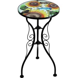 GEEZY Iron / Glass Round Mosaic Design Side Table Garden Outdoor Patio Flower Plant Stand (Sunflower) - multicolour